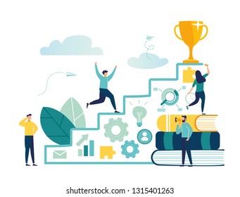 Vector illustration, flat style, businessman running up the stairs to the goal, career planning, career development concept, team work - Vector - Vector 