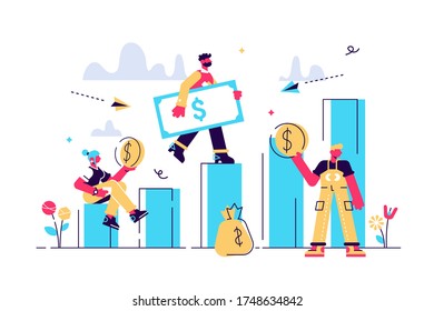 Vector illustration, flat style, businessman running down the stairs and holding money, planning career, concept of career growth, teamwork. Flat style modern design vector illustration