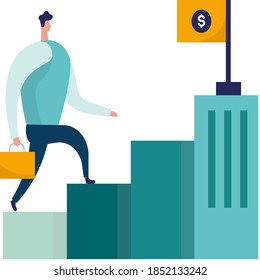 Ilustración vectorial, estilo plano, empresario bajando las escaleras hacia el objetivo en forma de bandera, planificación de carrera, concepto de desarrollo profesional