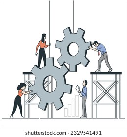 Vector illustration, flat style, businessman running down the stairs to the goal in the form of a flag, career planning, career development concept, team work. 1931