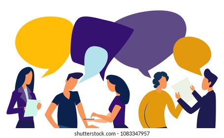 Vector illustration, flat style, businessmen discuss social network, news, social networks, chat, dialogue speech bubbles