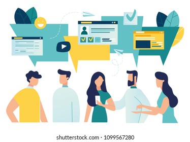 Vector Illustration, Flat Style, Businessmen Discuss Social Network, News, Social Networks, Chat, Dialogue Speech Bubbles Vector