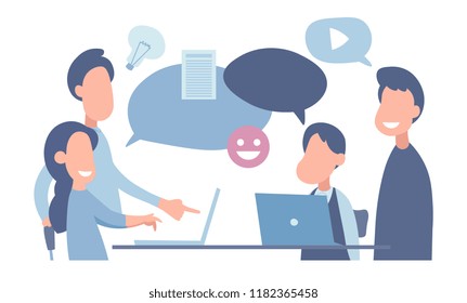 Vector illustration, flat style, businessmen discuss social network, news, social networks, chat, dialogue speech bubbles, new projects
