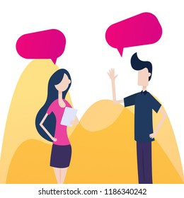Vector illustration, flat style, businessmen discuss social network, news, social networks, chat, dialogue speech bubbles. Vector illustration in cartoon style