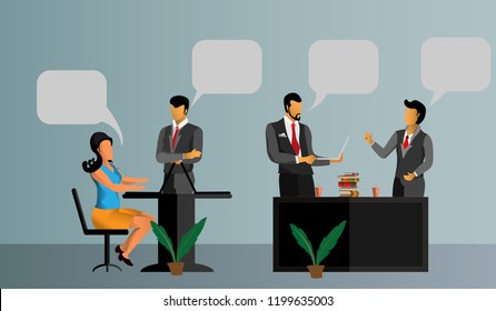 Vector illustration, flat style,  Businessmen Discuss Business Planning,  Presentation of business plan,  Presenting plans to customers. Business talk.