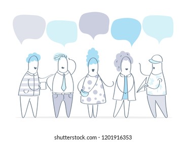 Vector illustration, flat style, businessmen discuss social network, group of people, news, social networks, meeting, chat, dialogue speech bubbles. Flat line vector illustration
