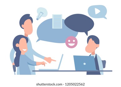 Vector illustration, flat style, businessmen discuss social network, news, social networks, chat, dialogue speech bubbles, new projects