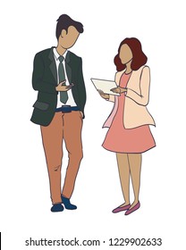 Vector illustration, flat style, businessmen discuss news, social networks, chat, dialogue