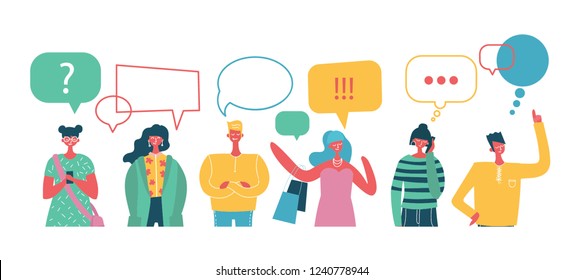 Vector Illustration, Flat Style, Businessmen Discuss Social Network, News, Social Networks, Chat, Dialogue Speech Bubbles