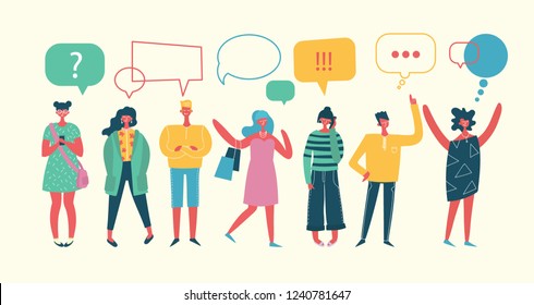 Vector illustration, flat style, businessmen discuss social network, news, social networks, chat, dialogue speech bubbles