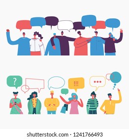 Vector illustration, flat style, businessmen or friends discuss social network, news, social networks, chat, dialogue speech bubbles
