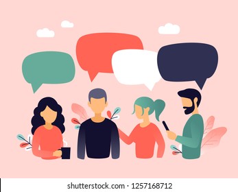 Vector illustration, flat style, businessmen discuss social network, news, chat, dialogue speech bubbles. Office workers talking together, with speech bubbles. Living coral trendy palette.