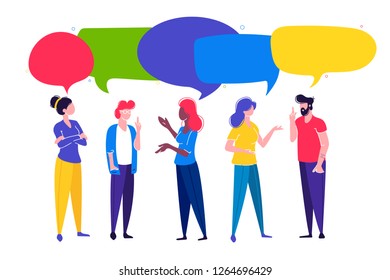 Vector illustration, flat style, businessmen discuss social network, news, social networks, chat, dialogue speech bubbles. Modern vector flat design image isolated on the white background