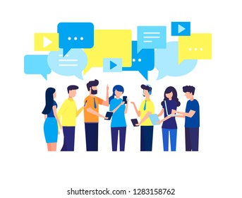 Vector illustration, flat style, businessmen discuss social network, news, social networks, chat, dialogue speech bubbles