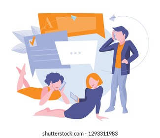 Vector illustration, flat style, businessmen discuss social network, news, social networks, chat, dialogue speech bubbles