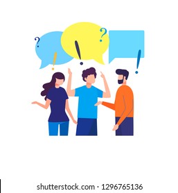 Vector illustration, flat style, businessmen discuss social network, news, social networks, chat, dialogue speech bubbles above them, question and exclamation marks