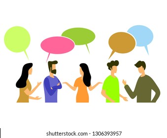 Vector illustration, flat style, businessmen discuss social network, news, social networks, chat, dialogue speech bubbles.