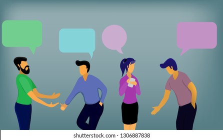Vector illustration, flat style, Businessmen talk about economic news, Talk about work ,Conversation Between Investors, Negotiation of Marketers Agreement,Greetings among employees together.