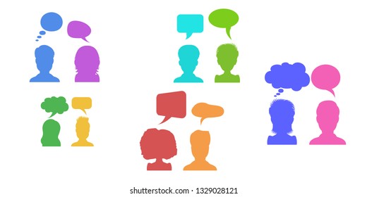 Vector illustration in flat style, businessmen discussion in social media networks, people chatting dialogue with speech bubbles. Communication design concept. 
