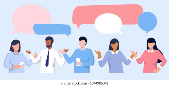 Vector illustration, flat style, Businessmen and businesswomen discuss social network, news, chat, dialogue speech bubbles. Communication of people in search of solutions to problems