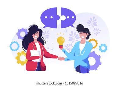 Vector illustration, flat style, businessmen discuss social networks, news, social networks, chat, dialogs, speech bubbles, thoughts puzzle