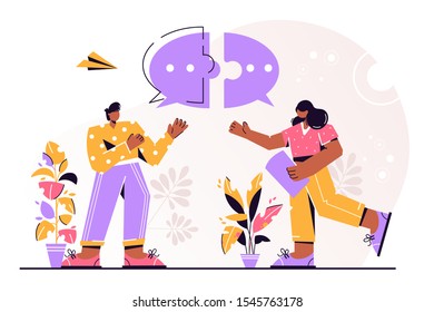 Vector illustration, flat style, businessmen discuss social networks, news, social networks, chat, dialogs, speech bubbles, thoughts puzzle
