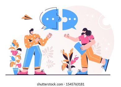 Vector illustration, flat style, businessmen discuss social networks, news, social networks, chat, dialogs, speech bubbles, thoughts puzzle