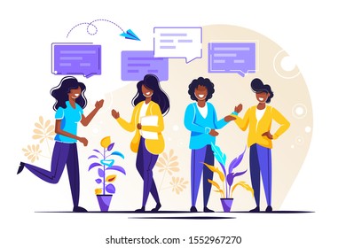 Vector illustration, flat style, businessmen discuss social network, news, social networks, chat, dialogue speech bubbles