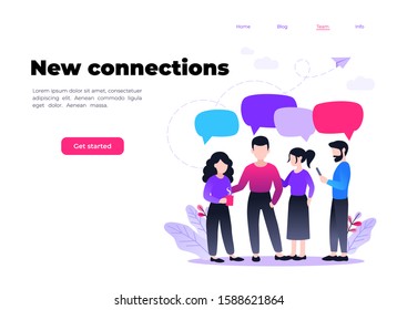 Vector illustration, flat style, businessmen discuss social network, news, social networks, chat, dialogue speech bubbles. Communication in office team landing page.