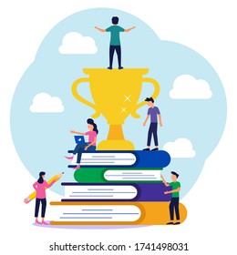 Ilustración vectorial, estilo plano, hombres de negocios escalan la escalera de la pila de libros a objetivos, planificación de carrera, éxito, conceptos de desarrollo profesional, trabajo en equipo - Vector - Vector.
