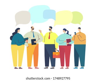 Vector illustration, flat style, businessmen discuss social network, news, social networks, chat, dialogue speech bubbles