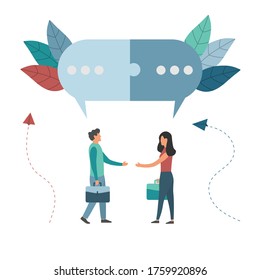 Ilustración vectorial, estilo plano, hombres de negocios discuten redes sociales, noticias, chat, diálogos, burbujas de voz, rompecabezas de pensamientos