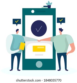 Vector illustration, flat style, businessmen discuss social networks, news, social networks, chat, dialogue, speech 