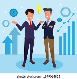 Vector illustration, flat style, businessmen discuss social network, news, vector, social networks, chat, dialogue, new projects