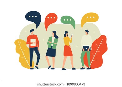 Ilustración vectorial, estilo plano, hombres de negocios discuten redes sociales, noticias, redes sociales, chat, burbujas de discursos de diálogo