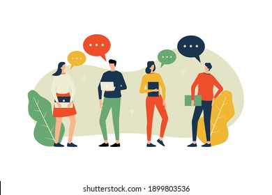 Vector illustration, flat style, businessmen discuss social network, news, social networks, chat, dialogue speech bubbles