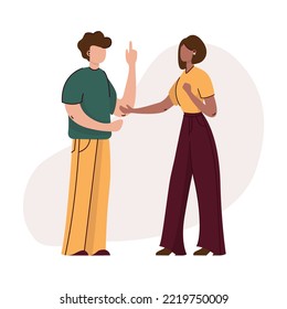 Ilustración vectorial, estilo plano, hombres de negocios discuten redes sociales, noticias, redes sociales, chats. La gente habla. Mujeres y hombres. Concepto de conversación