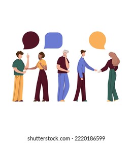 Vector illustration, flat style, businessmen discuss social network, news, social networks, chat, dialogue speech bubbles. People talk. Women and men. Conversation concept