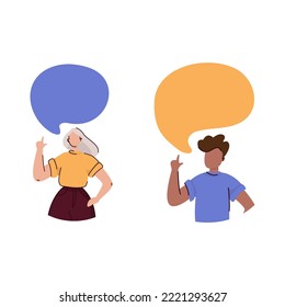 Ilustración vectorial, estilo plano, hombres de negocios discuten redes sociales, noticias, redes sociales, chat, burbujas de discursos de diálogo. La gente habla. Mujeres y hombres. Conversación y concepto de idea
