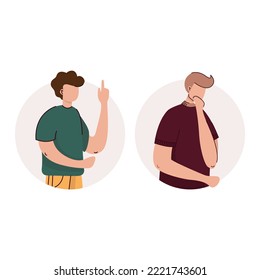 Vector illustration, flat style, businessmen discuss social network, news, social networks, chat. People talk. Men. Conversation, thinking, and idea concept