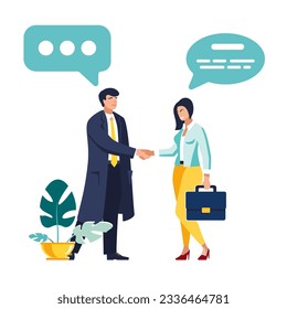 Vector illustration in flat style. Businessmen business people, man and woman with handshake agree to discuss social networks, news, chat, dialogues, words, thoughts. Brainstorming, finding solutions