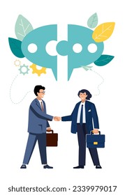 Ilustración vectorial de estilo plano. Los hombres de negocios, los empresarios con apretón de manos están de acuerdo en discutir las redes sociales, noticias, chat, diálogos, palabras, pensamientos rompecabezas.Lluvia de ideas, búsqueda de soluciones, idea