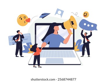 Vector illustration, flat style, businessmen discuss social network, news, social networks, chat, dialogue speech bubbles vector. Young People use Smartphones, Chatting