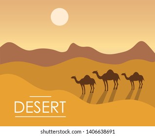 Vector illustration in flat style. Vector illustration of caravan camels in the sunny desert with hills and sand dunes.