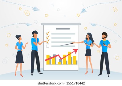 Vector illustration, flat style, cartoon business people meeting presentation planning brainstorm, training of office staff, concept for marketing, project management 