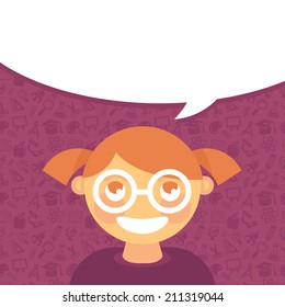Vector illustration in flat style - cartoon girl in glasses with speech bubble for text