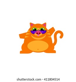 Vector illustration. Flat style cat with glasses playing, dancing.