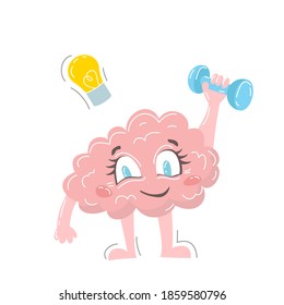 Vector illustration in a flat style. The character brain holds a dumbbell in his hand. The benefits of sports, fitness for the brain. Brain pumping