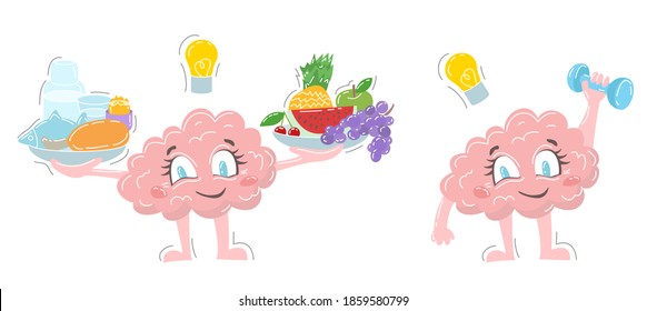 Vector illustration in a flat style. The character brain holds a plate of food, a dumbbell in his hand. Choice of food of plant or animal origin. Benefits of fruits, meat and sports for the brain.