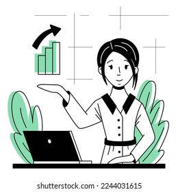 Vector illustration in a flat style, a character, an economist showing a growth graph at a table with a laptop.